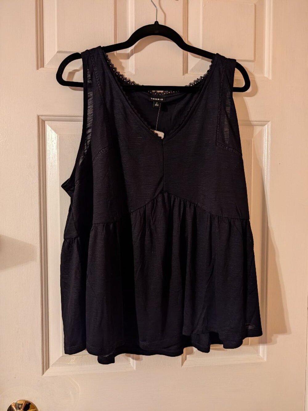 Torrid Cotton Modal Slub Ladder Trim V-Neck Baby Doll Tank Black~ 2/2X/18-20 NWT